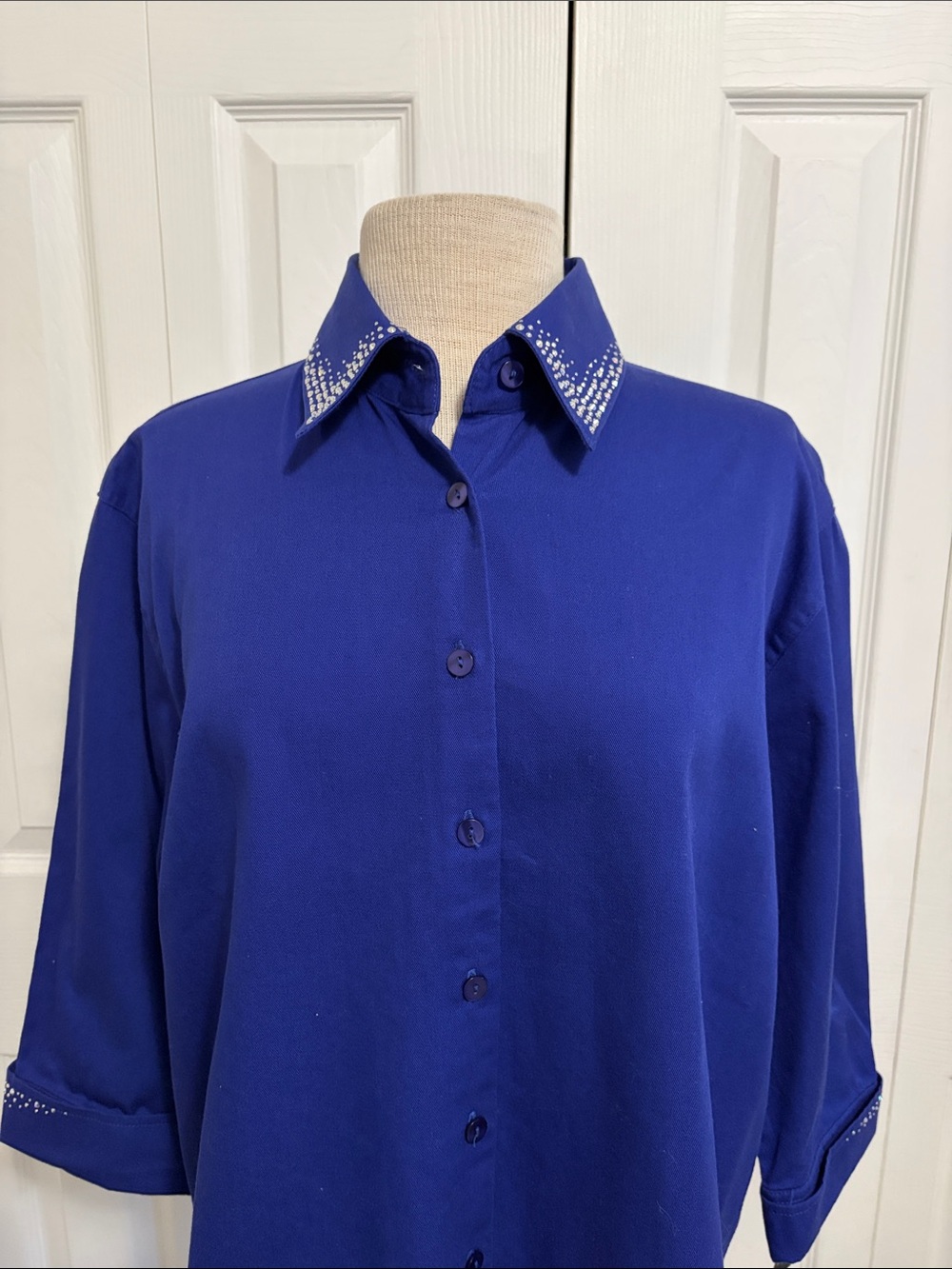 Christine Alexander Cobalt Blue Button-Down Top Embellished Collar Size Large - Picture 2 of 15